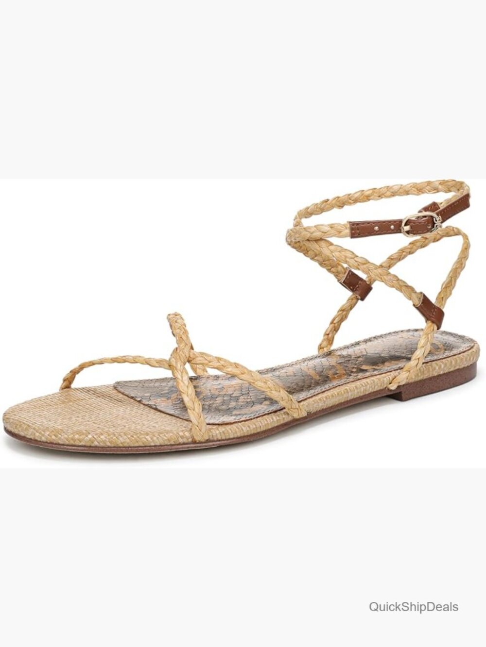 Braided Flat Sandals - Ankle Strap Buckle - Faux Raffia